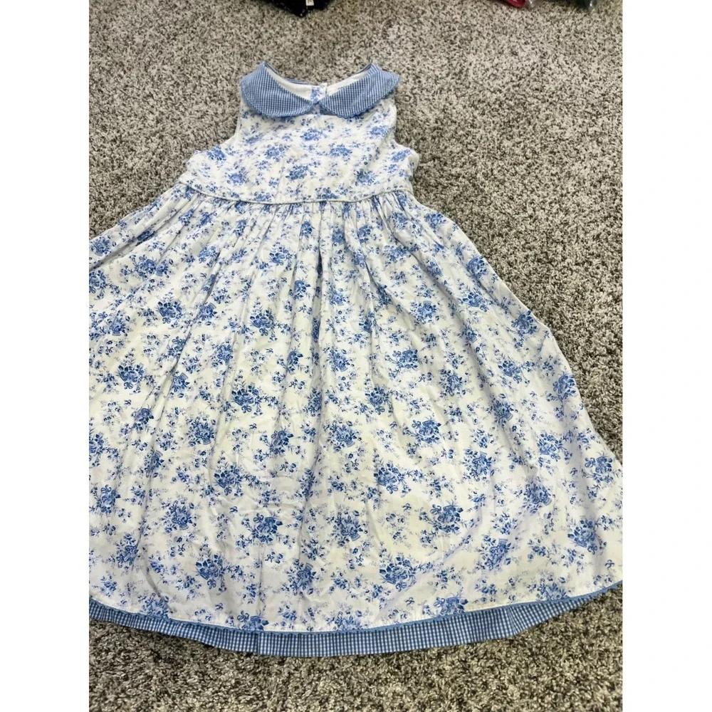 Maggie & Zoe Girls Blue White‎ Floral Gingham Peter Pan Collar Dress Size 6X